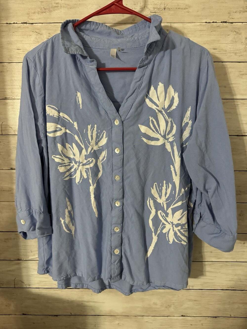 Kaktus Women's Blue Button Down Shirt Size XL Floral Print 3/4 Sleeve Top Blouse